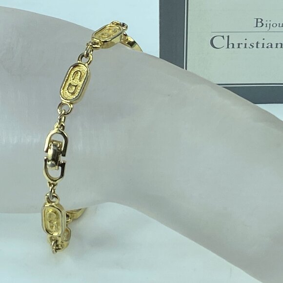 Christian Dior Dior GP Logo Plate Chain Bracelet Golden Metallic 7.5" GS471